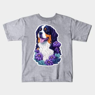 Bernese montain dog in a colorful field of flowers Kids T-Shirt